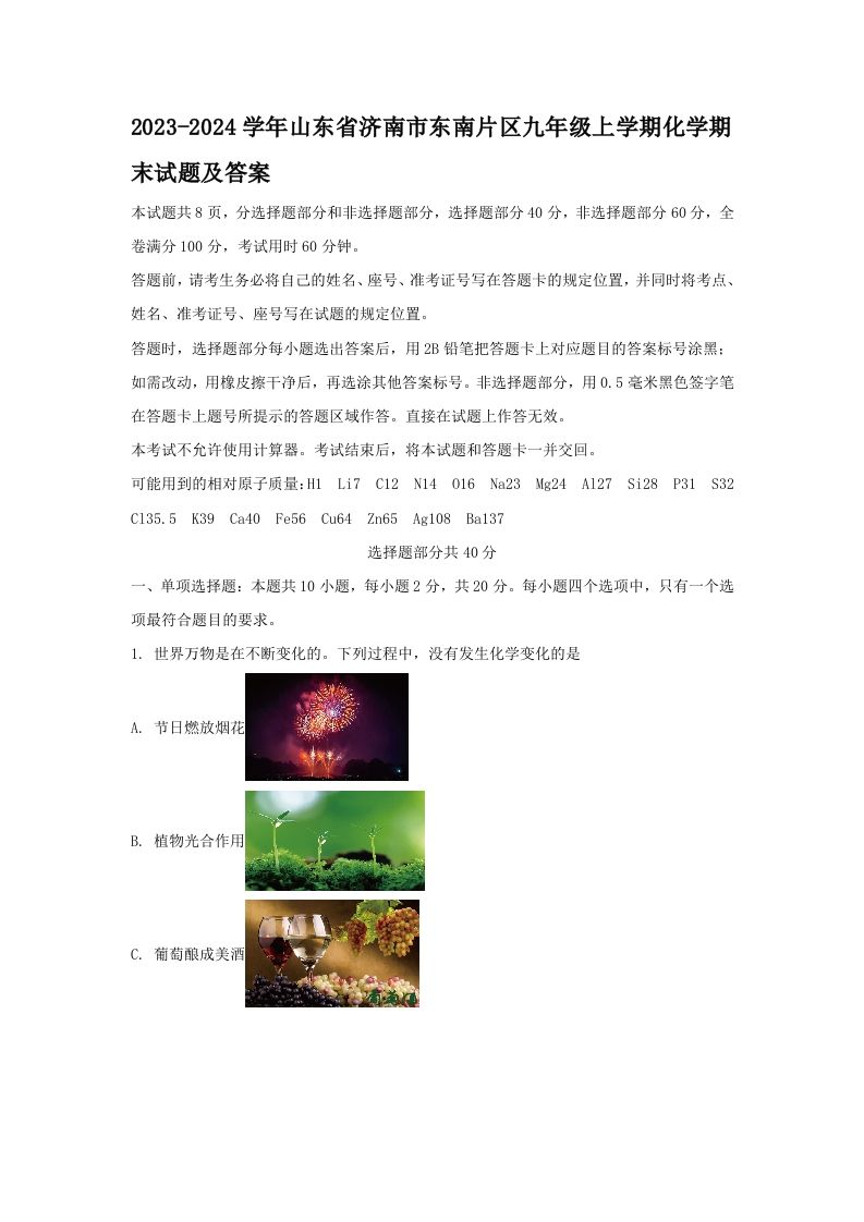 2023-2024学年山东省济南市东南片区九年级上学期化学期末试题及答案(Word版)_练习题|试卷|知识点|复习提纲