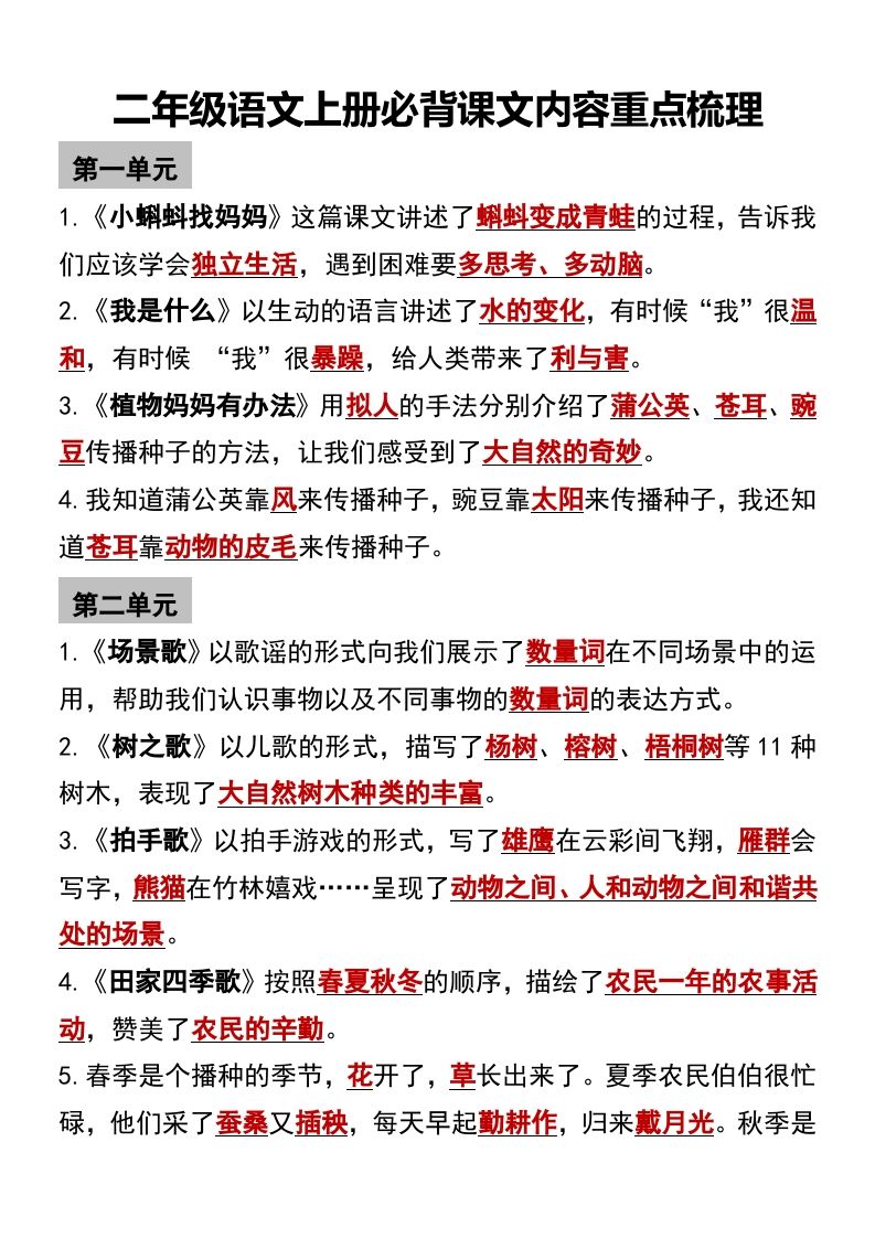二年级语文上册必背课文内容重点梳理_练习题|试卷|知识点|复习提纲
