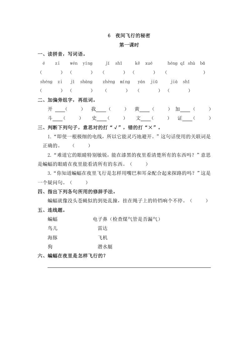 四年级语文上册6夜间飞行的秘密_练习题|试卷|知识点|复习提纲
