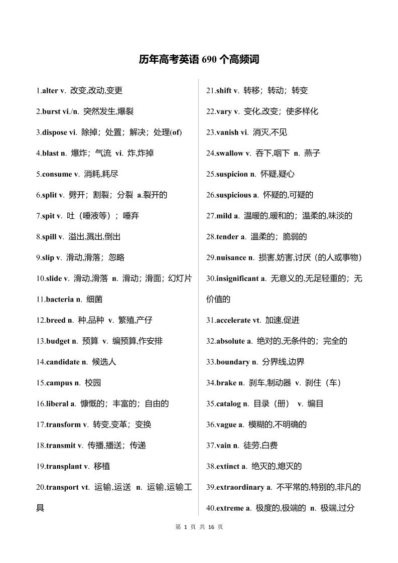 58-历年高考英语690个高频词_练习题|试卷|知识点|复习提纲