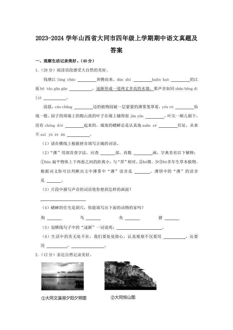 2023-2024学年山西省大同市四年级上学期期中语文真题及答案(Word版)_练习题|试卷|知识点|复习提纲