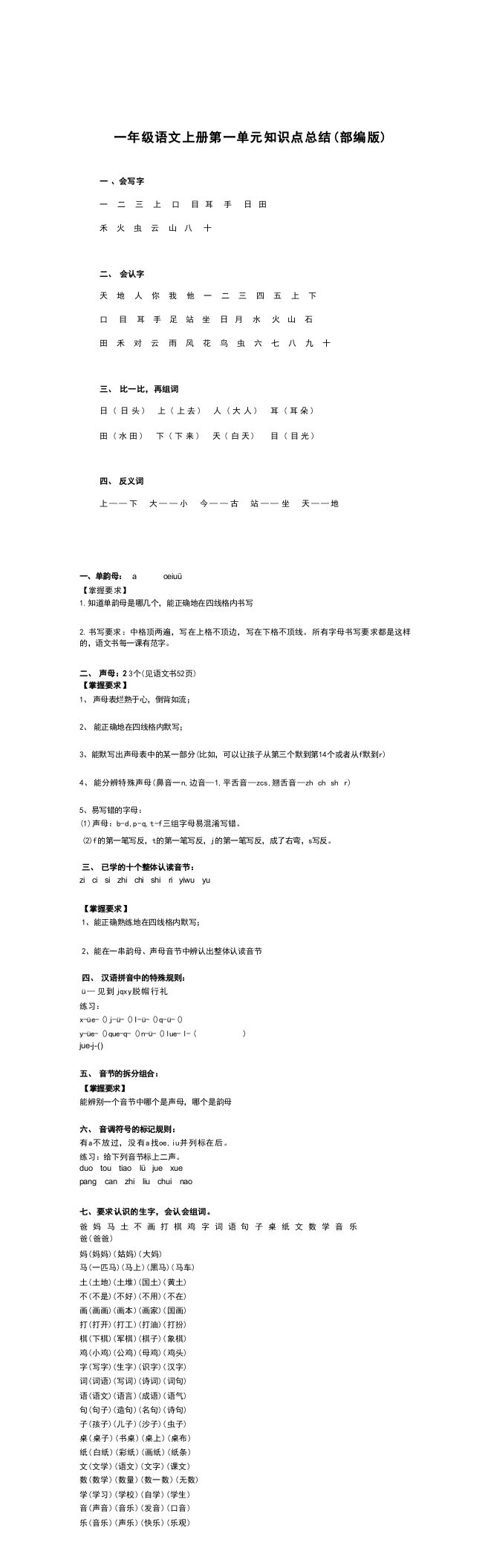 一年级语文上册11单元知识点汇总（部编版）_练习题|试卷|知识点|复习提纲
