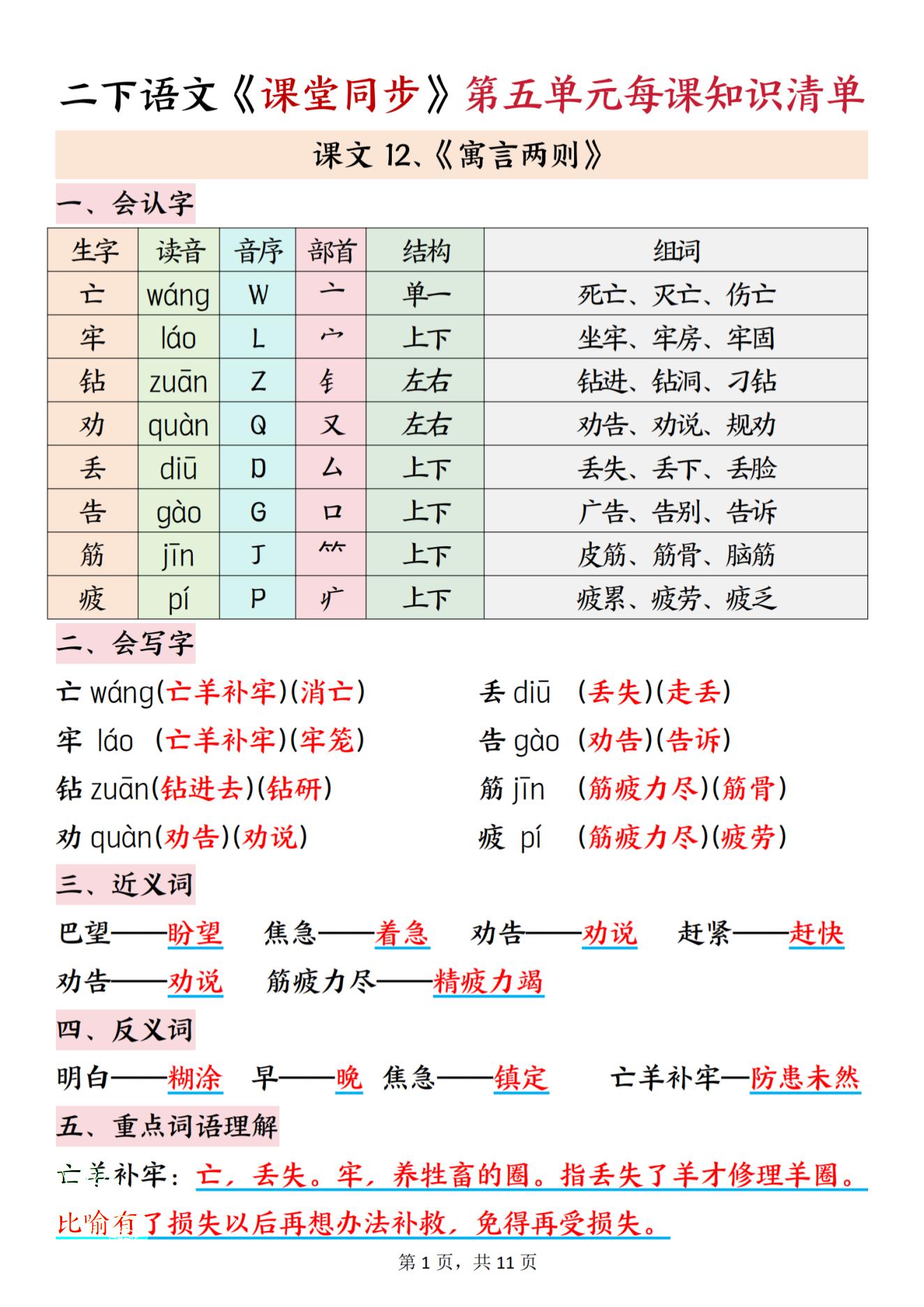 二下语文课堂同步第五单元每课知识清单11页_练习题|试卷|知识点|复习提纲