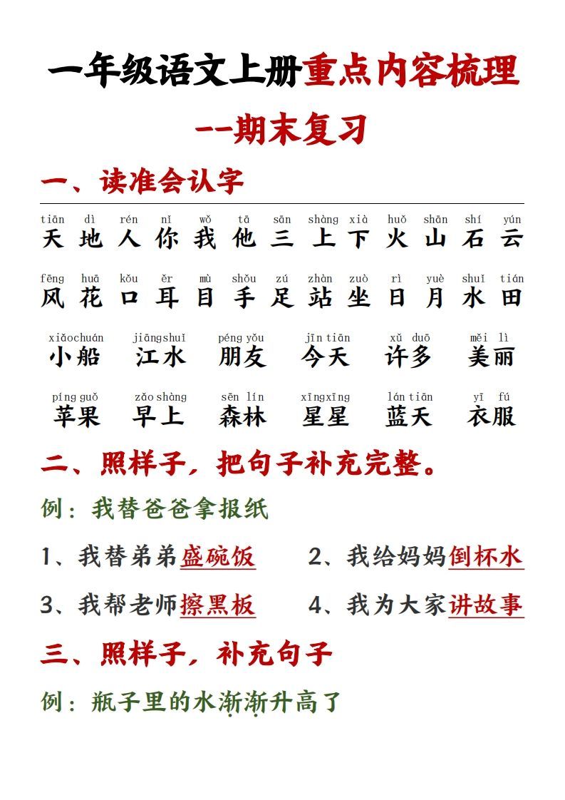 【重点预习内容梳理】一上语文()_练习题|试卷|知识点|复习提纲