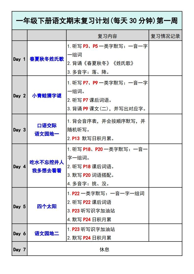 —年级下册语文期末复习计划_练习题|试卷|知识点|复习提纲