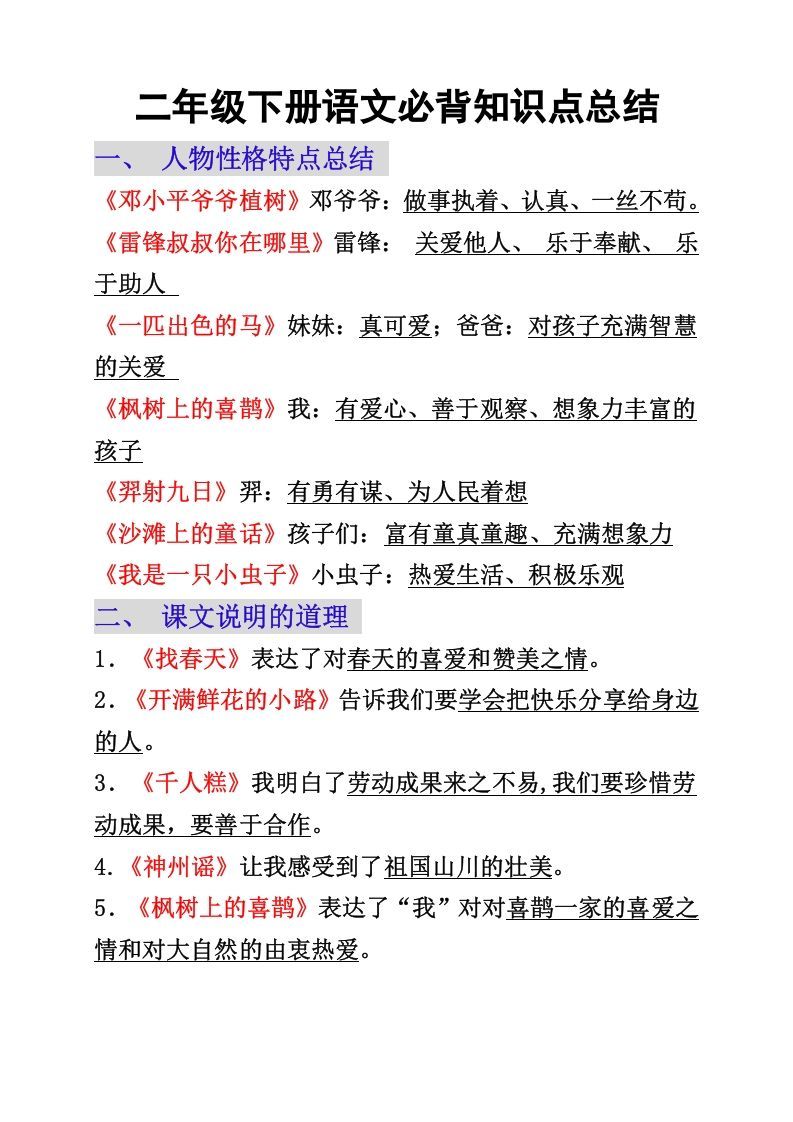 二年级下册语文必背重点知识点_练习题|试卷|知识点|复习提纲