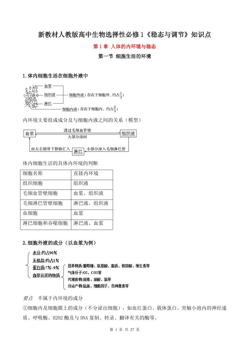 63-新教材人教版高中生物选择性必修1《稳态与调节》知识点_练习题|试卷|知识点|复习提纲