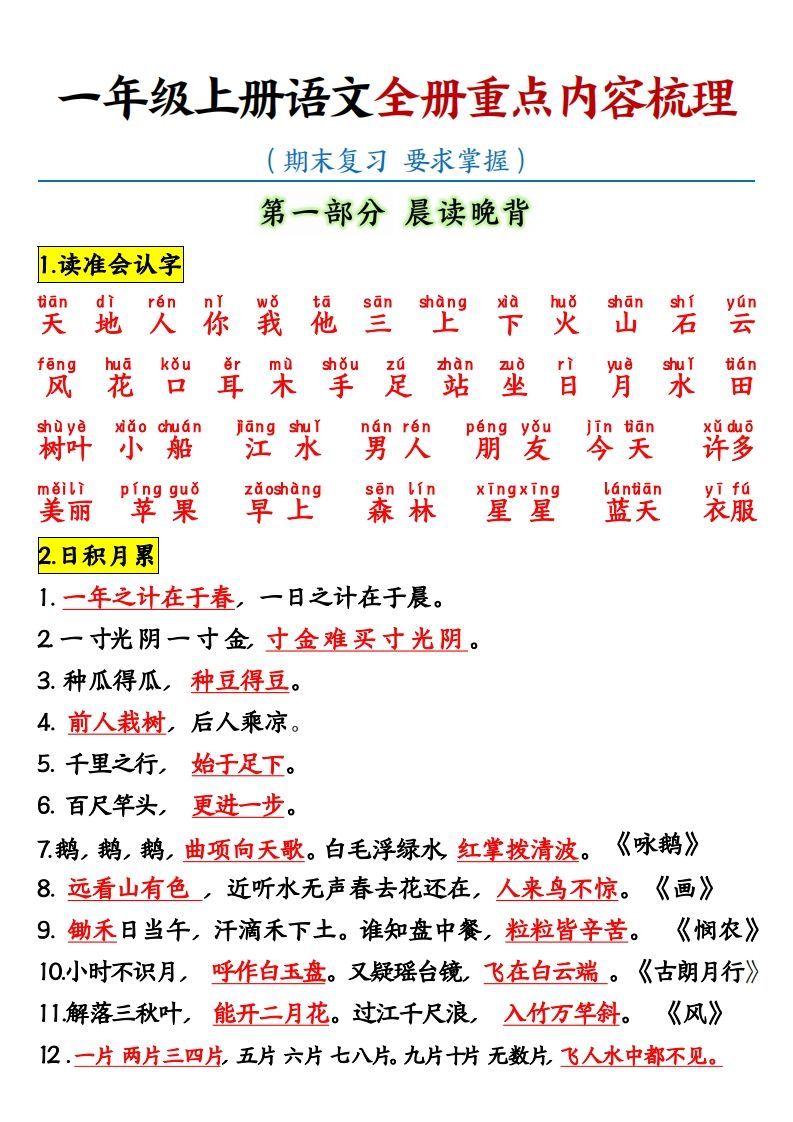 【全册重点知识点汇总】一上语文_练习题|试卷|知识点|复习提纲