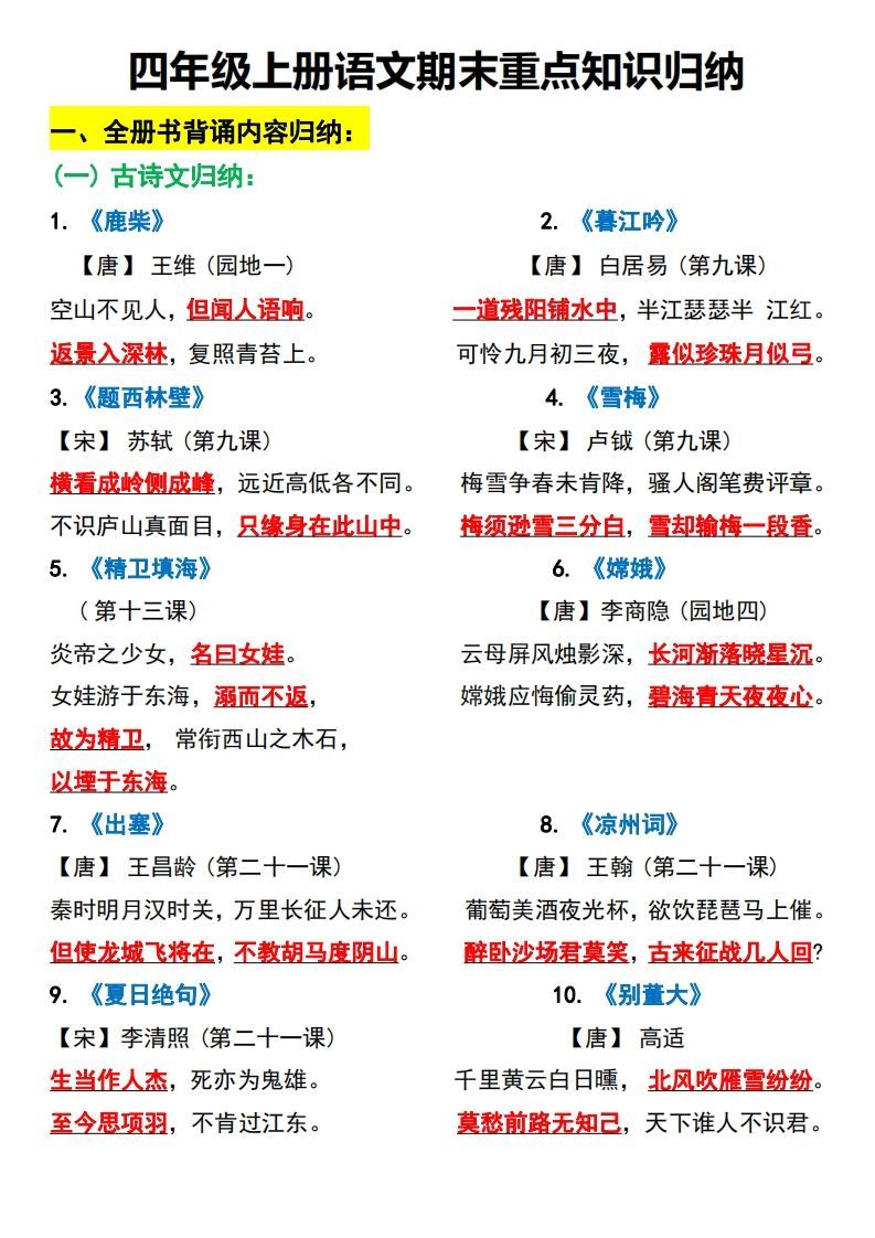 四上语文全册重点知识汇总_练习题|试卷|知识点|复习提纲