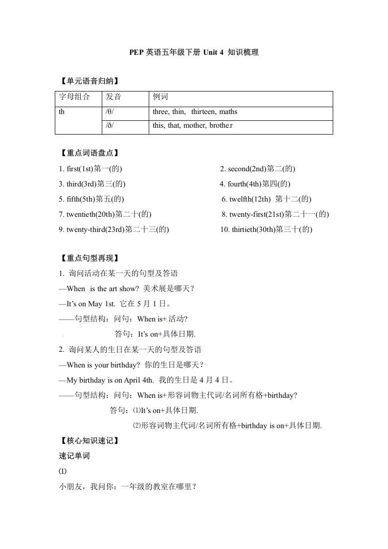 五年级数学下册英语单元知识梳理-Unit4Whenistheartshow人教PEP_练习题|试卷|知识点|复习提纲