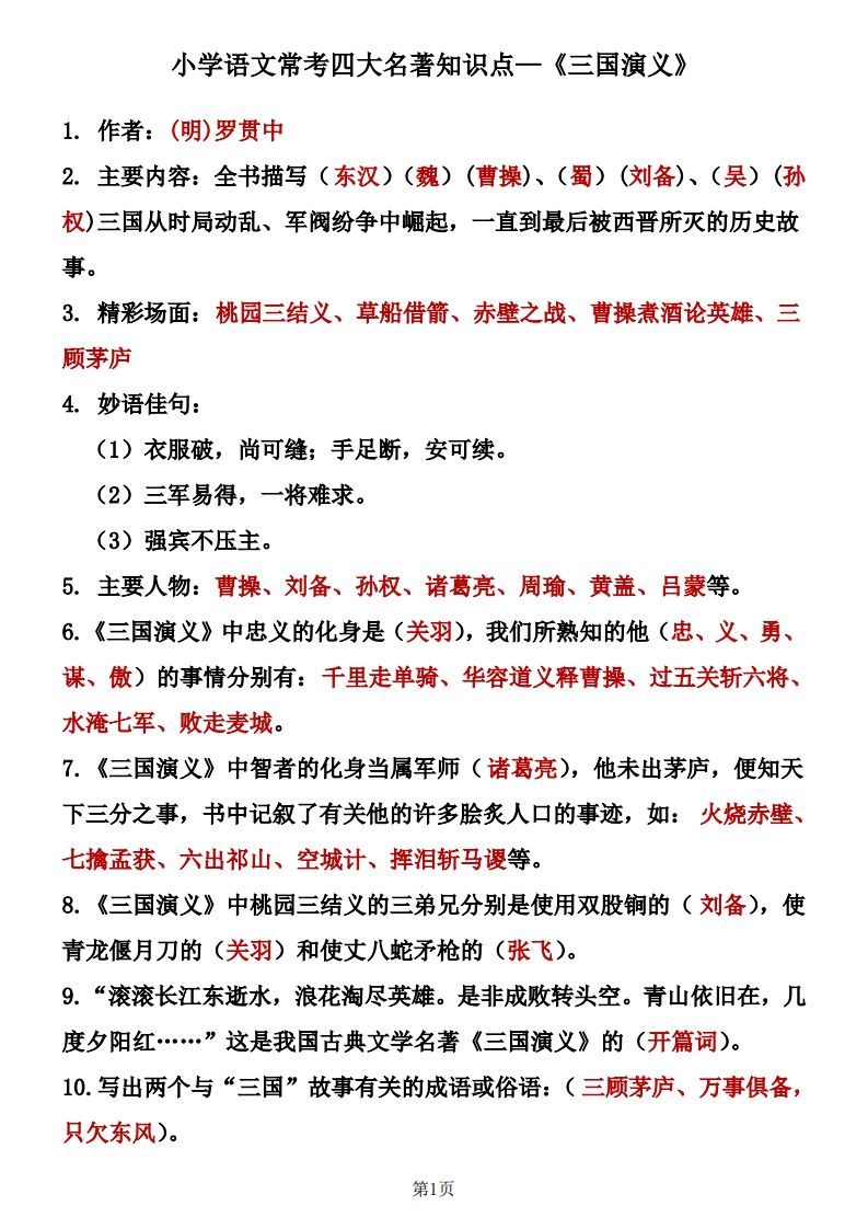 四大名著知识点汇总之《三国演义》_练习题|试卷|知识点|复习提纲