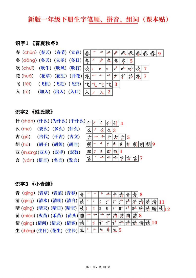 新版一年级下册语文生字笔顺拼音组词(课本贴)_练习题|试卷|知识点|复习提纲