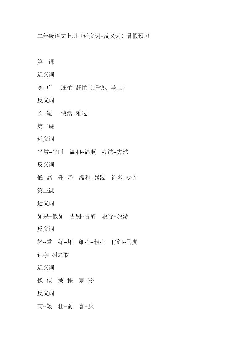 二上语文近反义词汇总_练习题|试卷|知识点|复习提纲