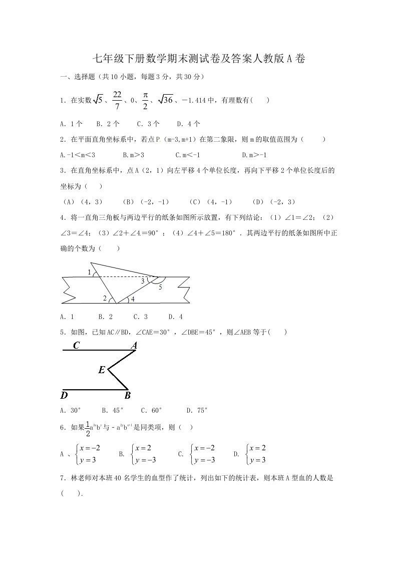 七年级下册数学期末测试卷及答案人教版A卷(Word版)_练习题|试卷|知识点|复习提纲