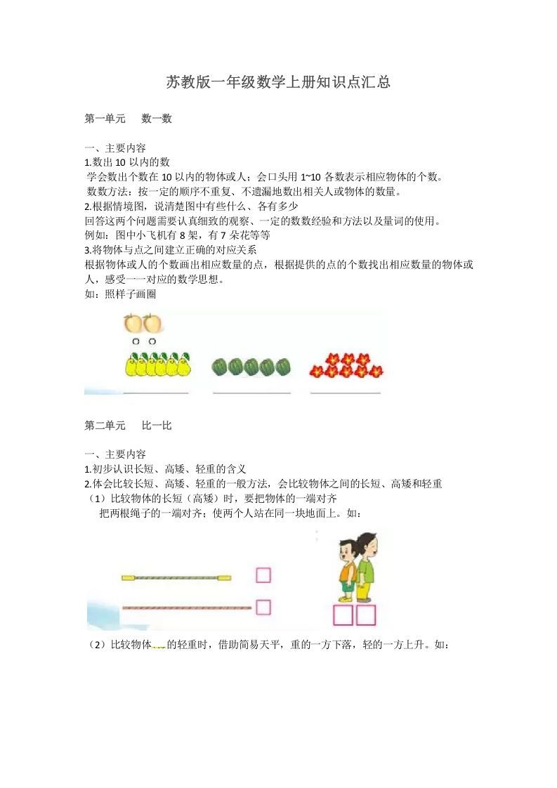 一年级数学上册知识点汇总（苏教版）_练习题|试卷|知识点|复习提纲