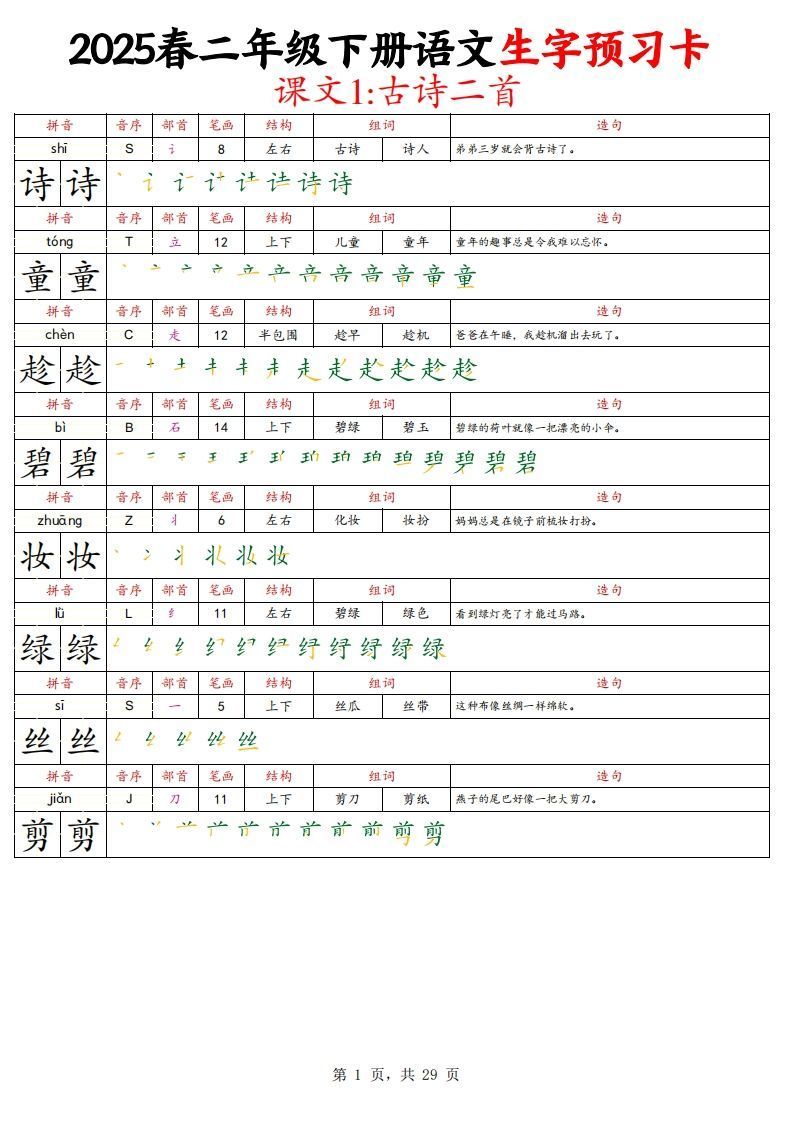 25春二下语文写字表生字预习卡（拼音笔画笔顺组词造句）29页_练习题|试卷|知识点|复习提纲