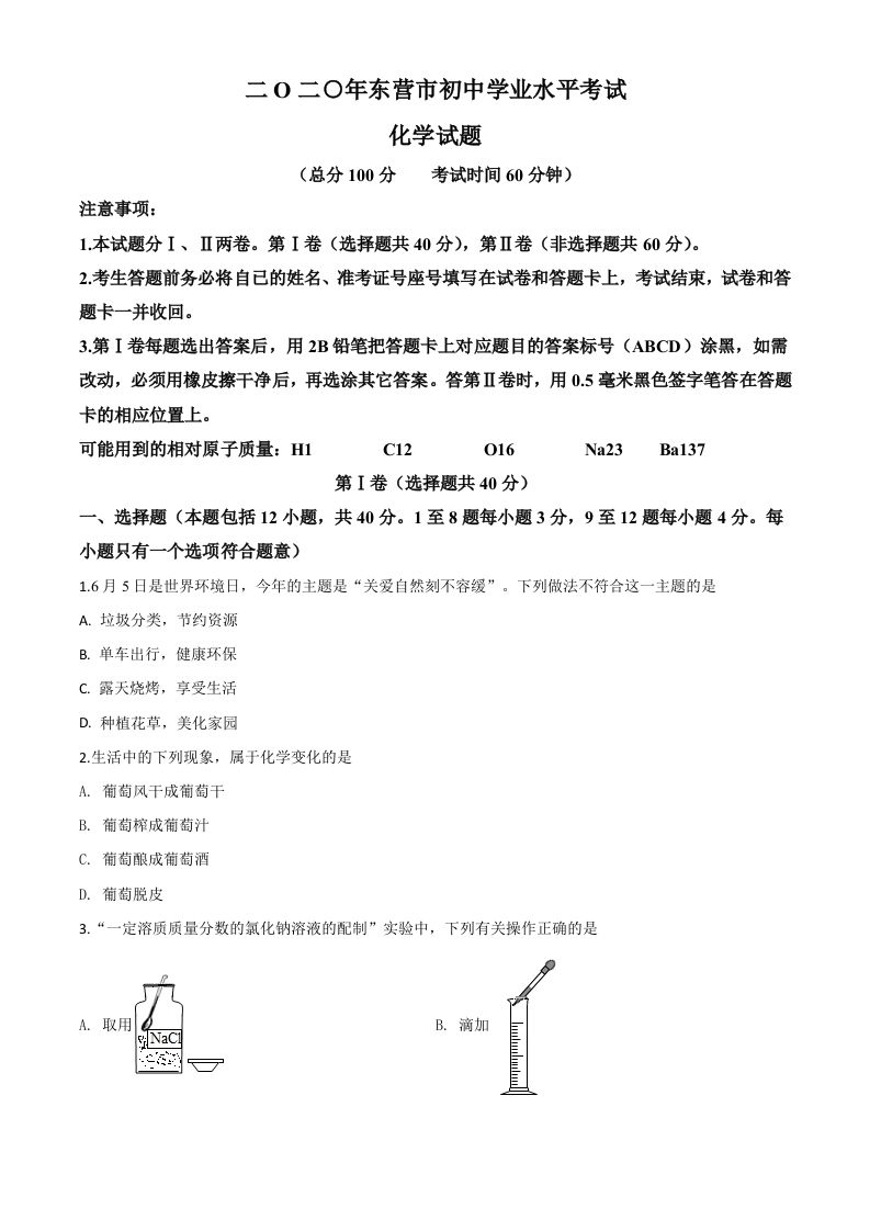 山东省东营市2020年中考化学试题（空白卷）_练习题|试卷|知识点|复习提纲