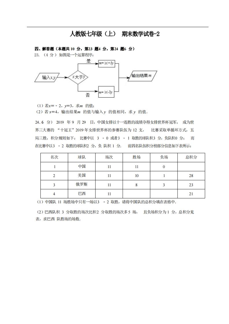 七年级（上）数学期末试卷4-2卷人教版_练习题|试卷|知识点|复习提纲