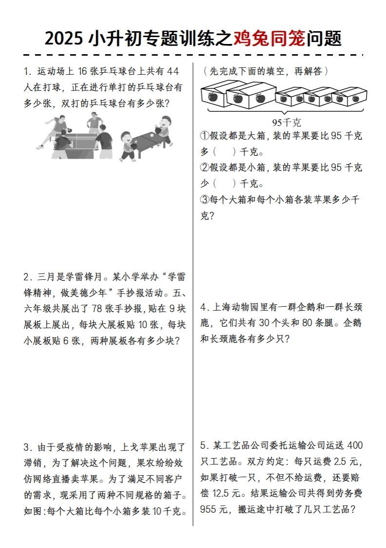 2025小升初专题训练之鸡兔同笼问题_练习题|试卷|知识点|复习提纲