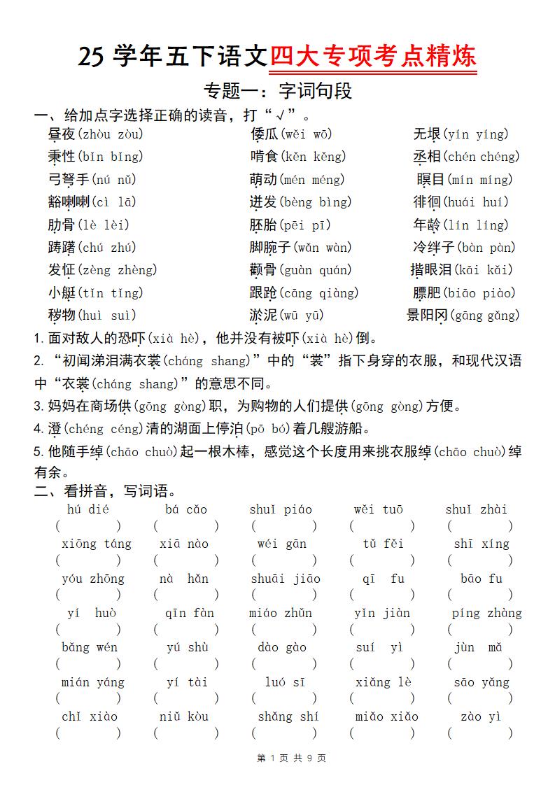 25学年五下语文四大专项考点精炼（专题一：字词句段）_练习题|试卷|知识点|复习提纲