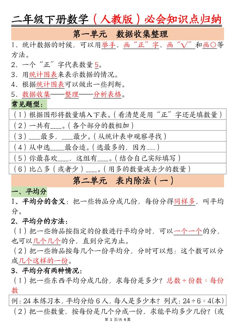 二下数学【人教版】必会【知识点】归纳总结6页_练习题|试卷|知识点|复习提纲