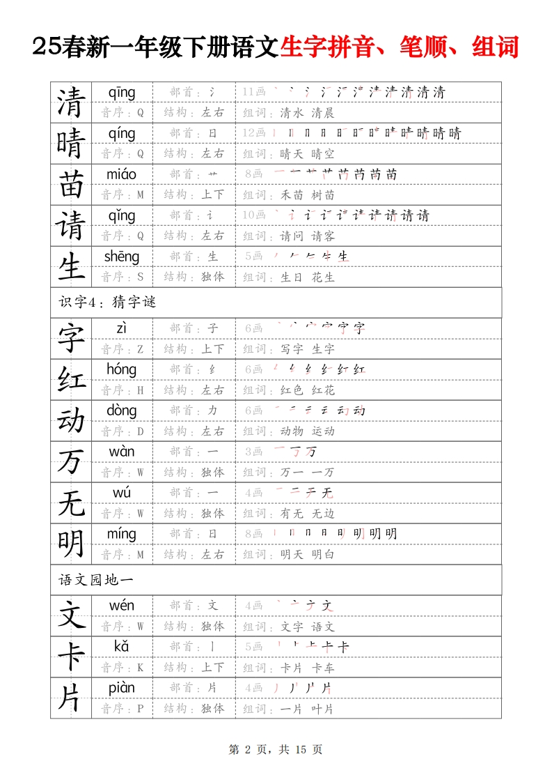 图片[2]_25春新一下语文生字拼音、笔顺、组词（15页）_练习题|试卷|知识点|复习提纲