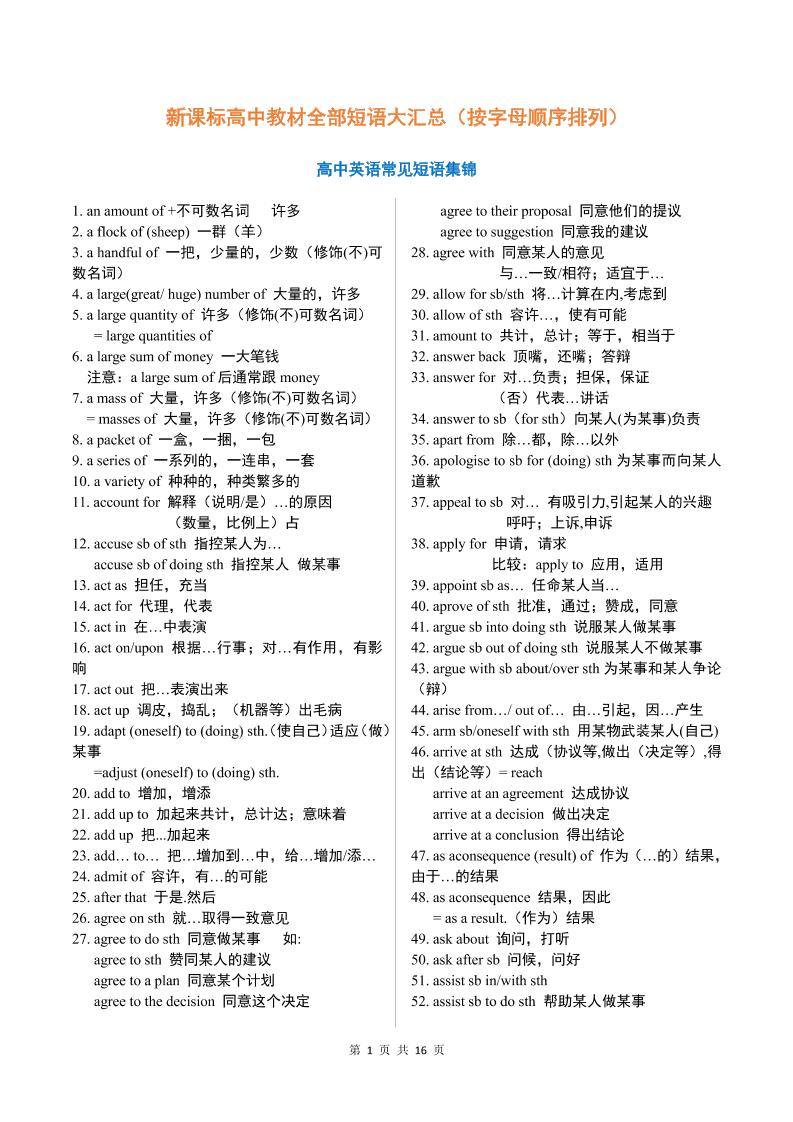 71-新课标高中教材全部短语大汇总（按字母顺序排列）_练习题|试卷|知识点|复习提纲