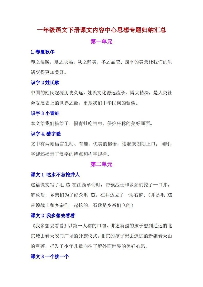 一年级语文下册课文内容中心思想专题归纳汇总_练习题|试卷|知识点|复习提纲