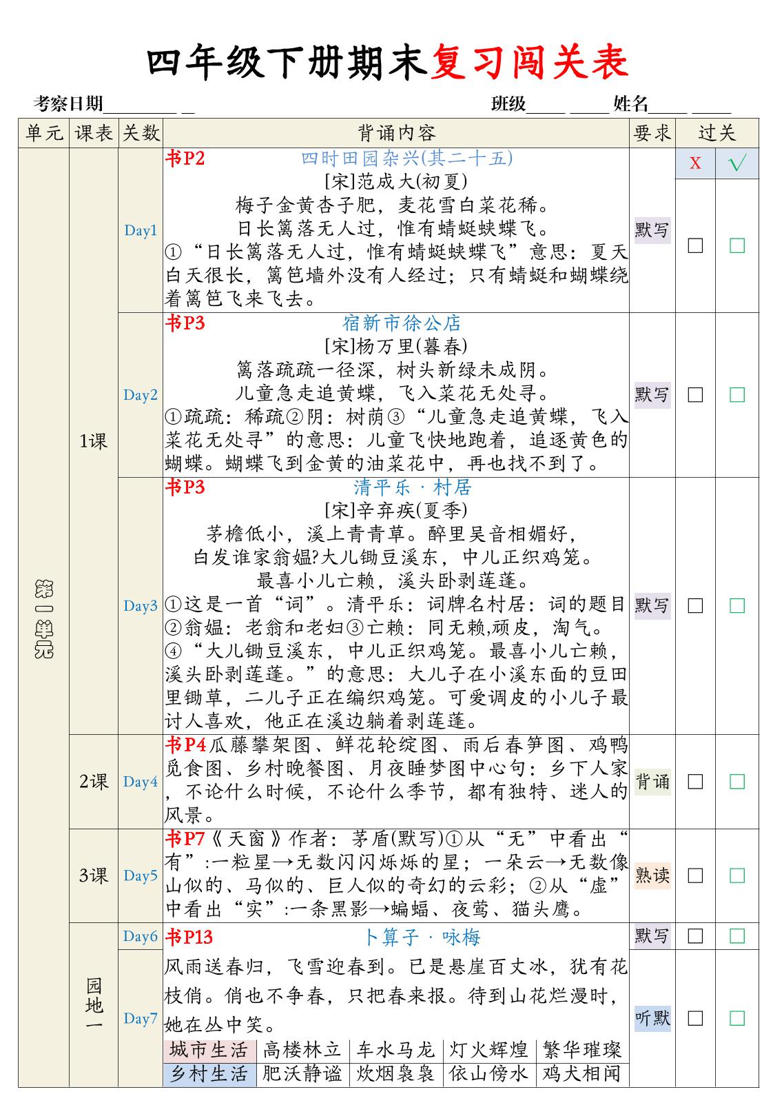 四下语文期末背诵闯关表_练习题|试卷|知识点|复习提纲