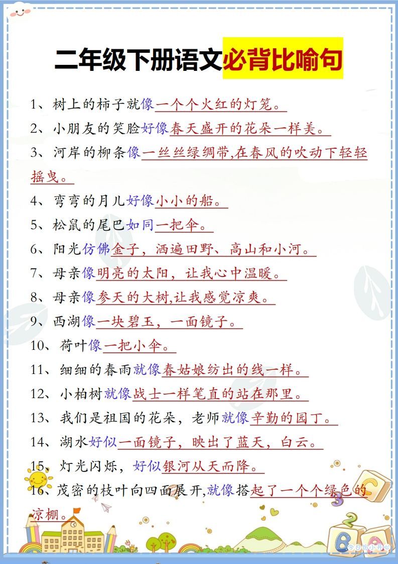 二下语文【必背比喻句汇总】_练习题|试卷|知识点|复习提纲