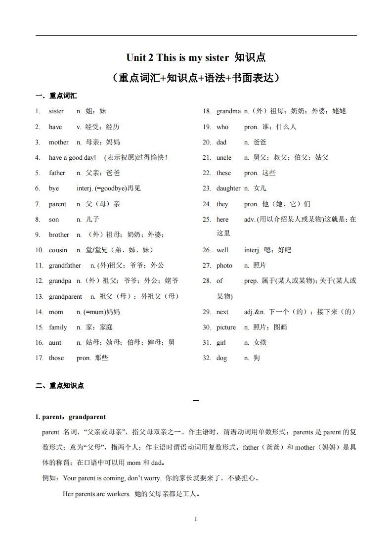 人教版英语七年级上Unit2Thisismysister.知识点__练习题|试卷|知识点|复习提纲