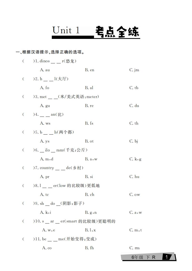 六下英语复习《考点全练》人教PEP版_练习题|试卷|知识点|复习提纲