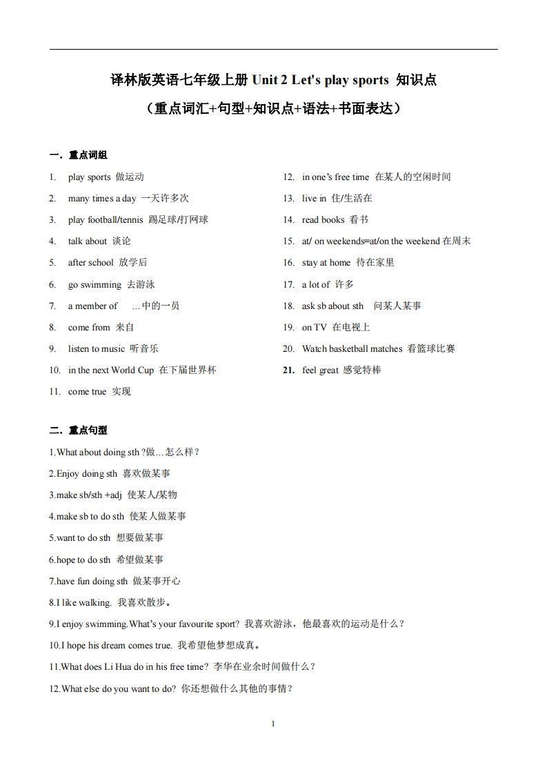 译林版英语七年级上册Unit2Let'splaysports知识点__练习题|试卷|知识点|复习提纲