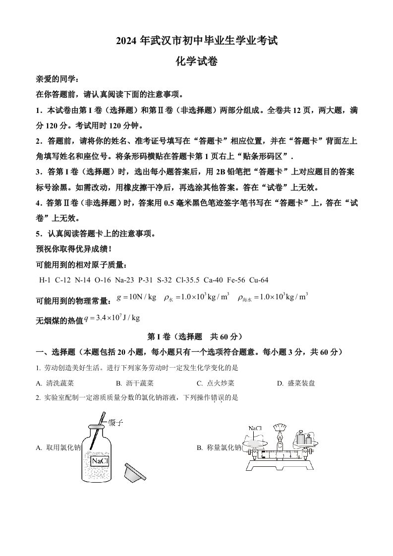2024年湖北省武汉市中考化学真题（空白卷）_练习题|试卷|知识点|复习提纲