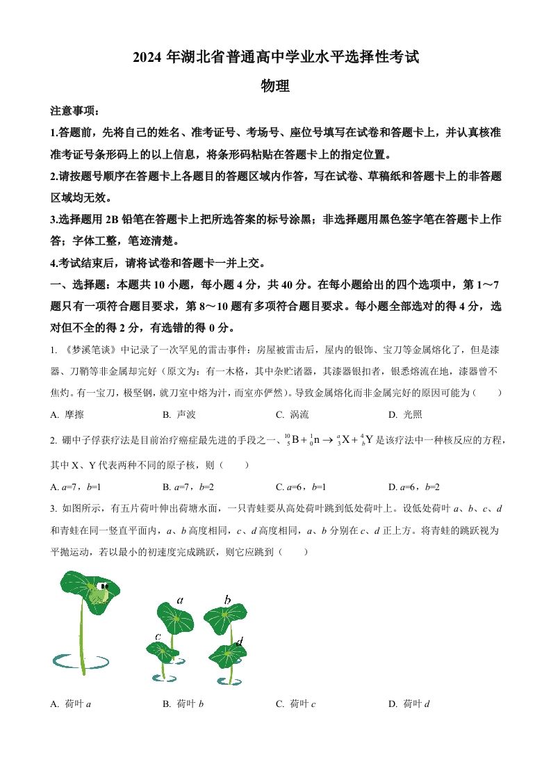 2024年高考物理试卷（湖北）（空白卷）_练习题|试卷|知识点|复习提纲