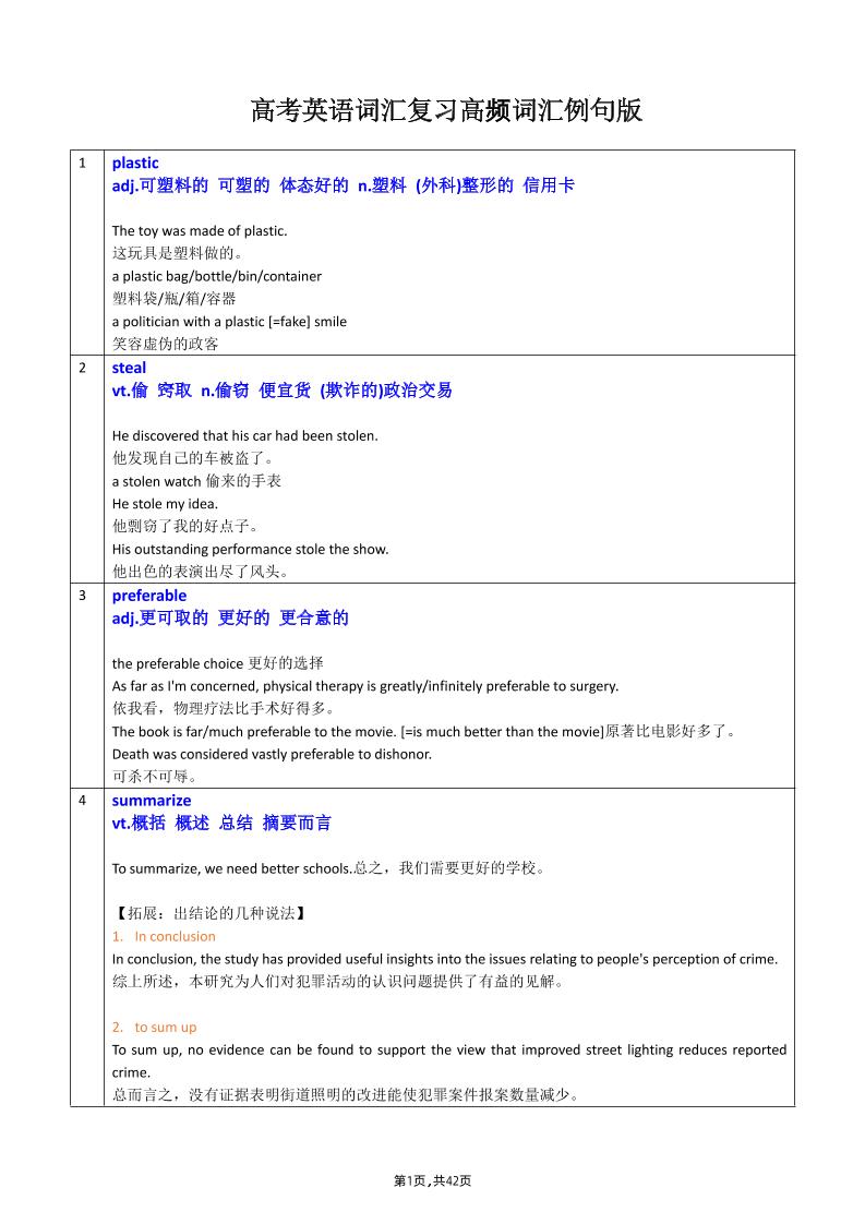 78-高考英语词汇复习高频词汇例句版_练习题|试卷|知识点|复习提纲