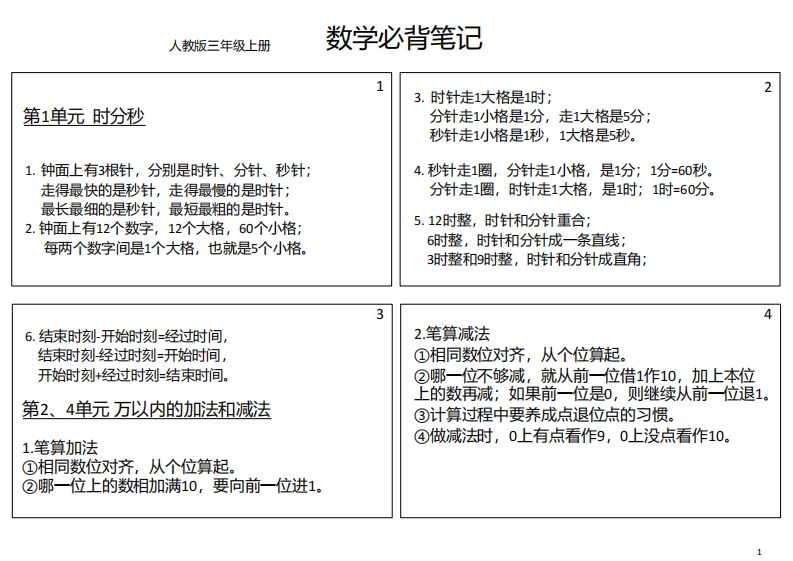 【人教三年级】数学上册必背笔记_练习题|试卷|知识点|复习提纲