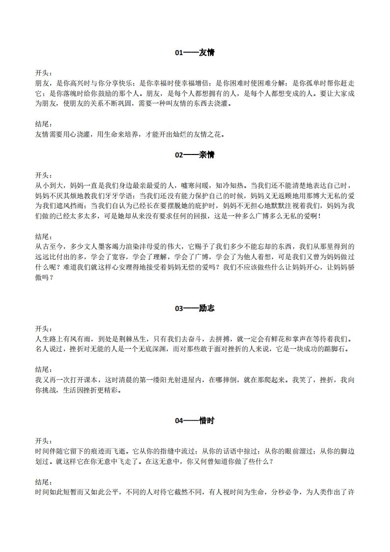 六下语文【作文素材】20类作文开头+结尾的优美段落_练习题|试卷|知识点|复习提纲