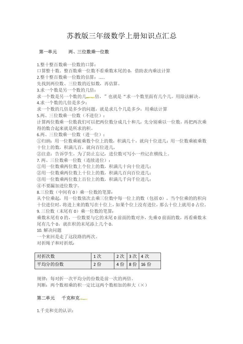 三年级数学上册知识点汇总（苏教版）_练习题|试卷|知识点|复习提纲