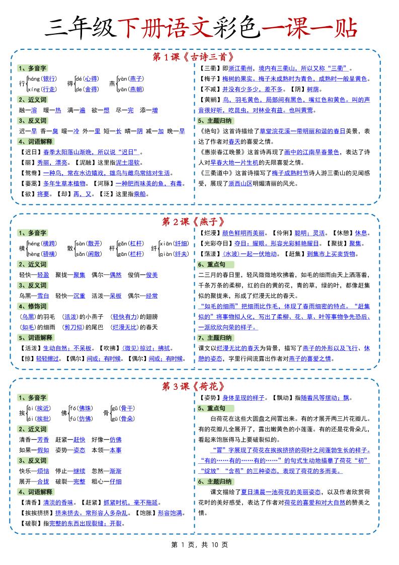 新版三下语文彩色一课一贴（课内重点课课贴）10页_练习题|试卷|知识点|复习提纲