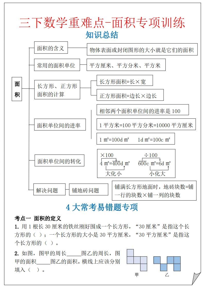 【重难点-面积专项训练】三下数学含答案5页_练习题|试卷|知识点|复习提纲