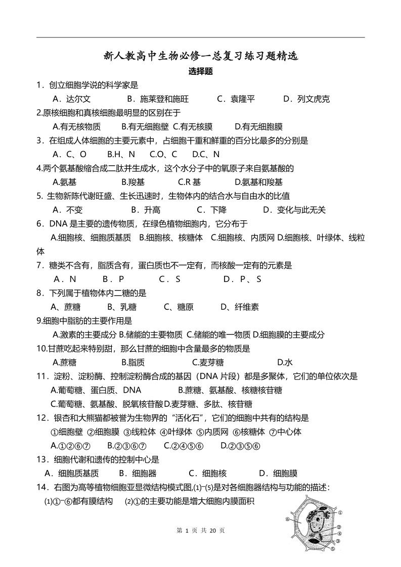 81-新人教高中生物必修一总复习练习题精选_练习题|试卷|知识点|复习提纲