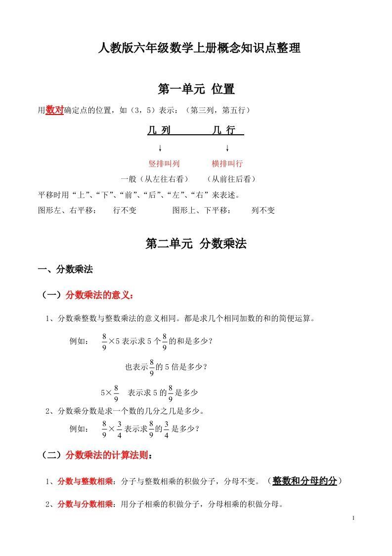 人教版六年级数学上册概念知识点整理_练习题|试卷|知识点|复习提纲