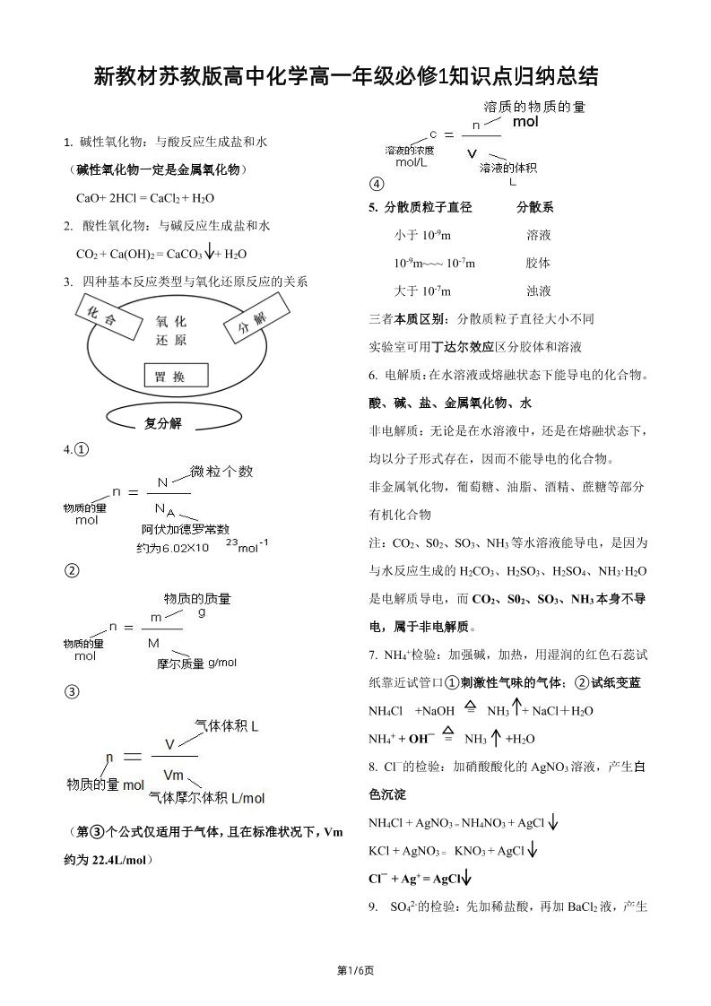 82-新教材苏教版高中化学高一年级必修1知识点归纳总结_练习题|试卷|知识点|复习提纲