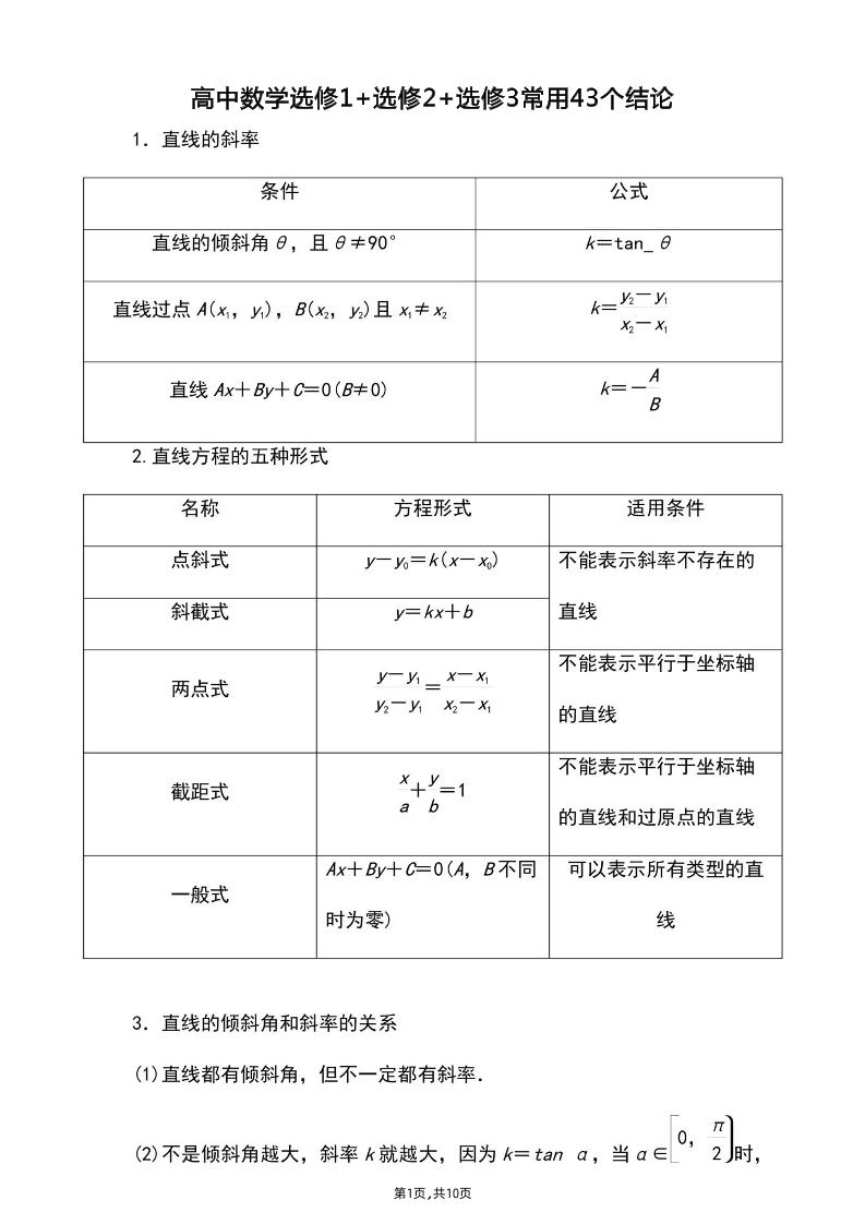 82-高中数学选修1+选修2+选修3常用43个结论_练习题|试卷|知识点|复习提纲