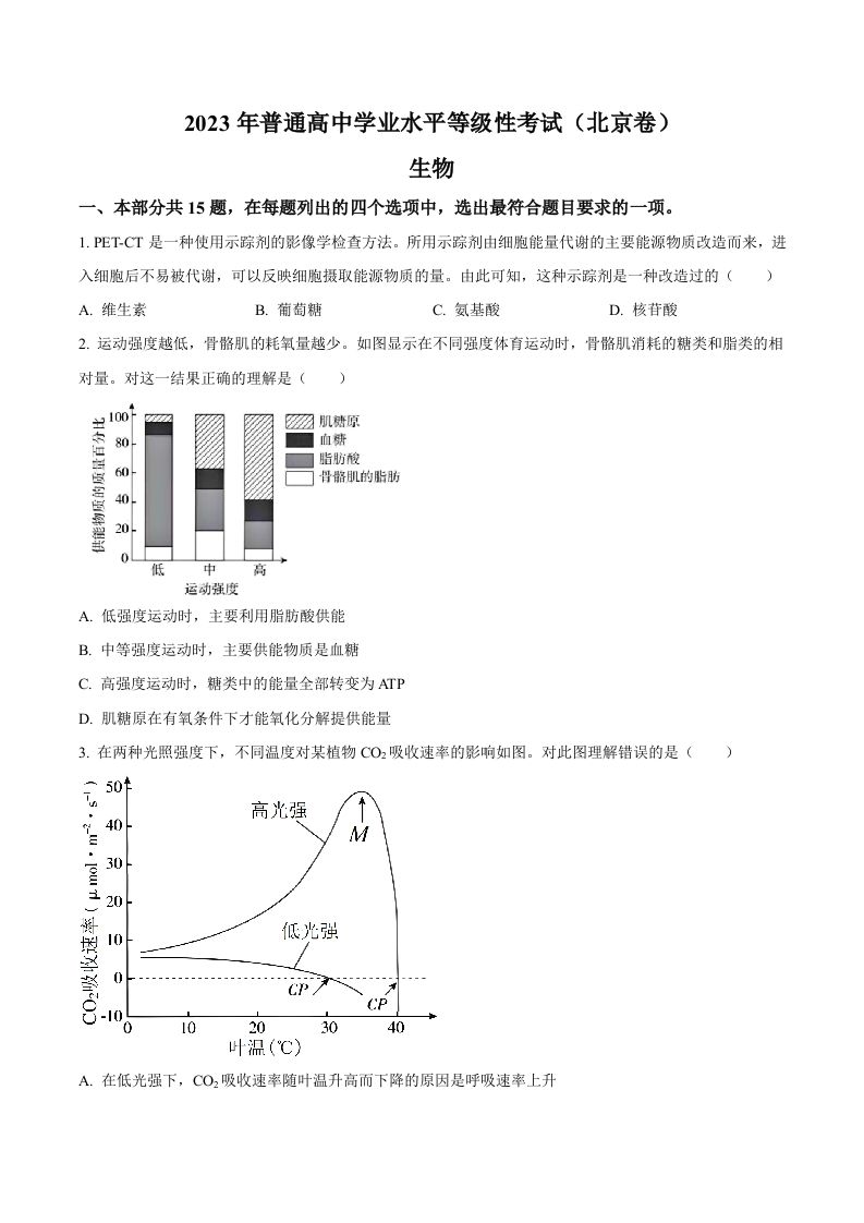 2023年高考生物试卷（北京）（空白卷）_练习题|试卷|知识点|复习提纲