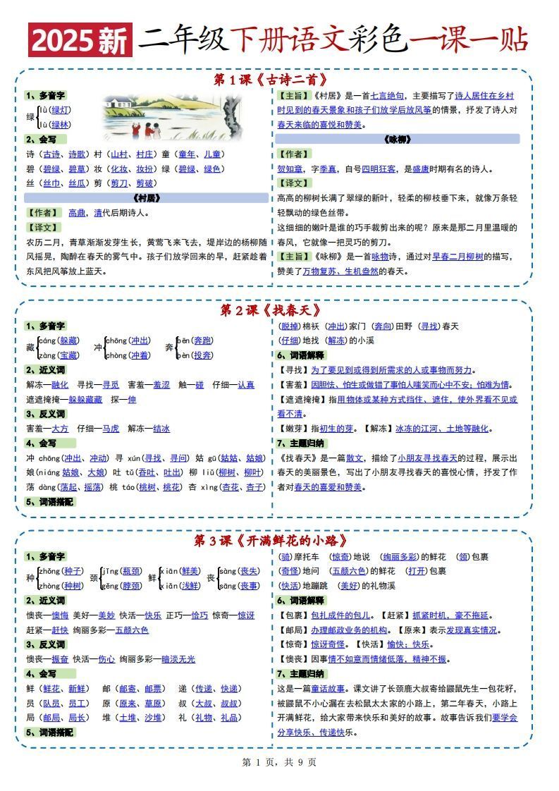 2025新二下语文彩色一课一贴（9页）_练习题|试卷|知识点|复习提纲