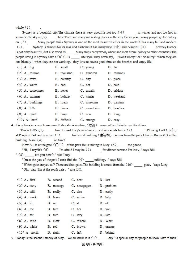图片[2]_【外研期末】完形填空专题过关集训_练习题|试卷|知识点|复习提纲