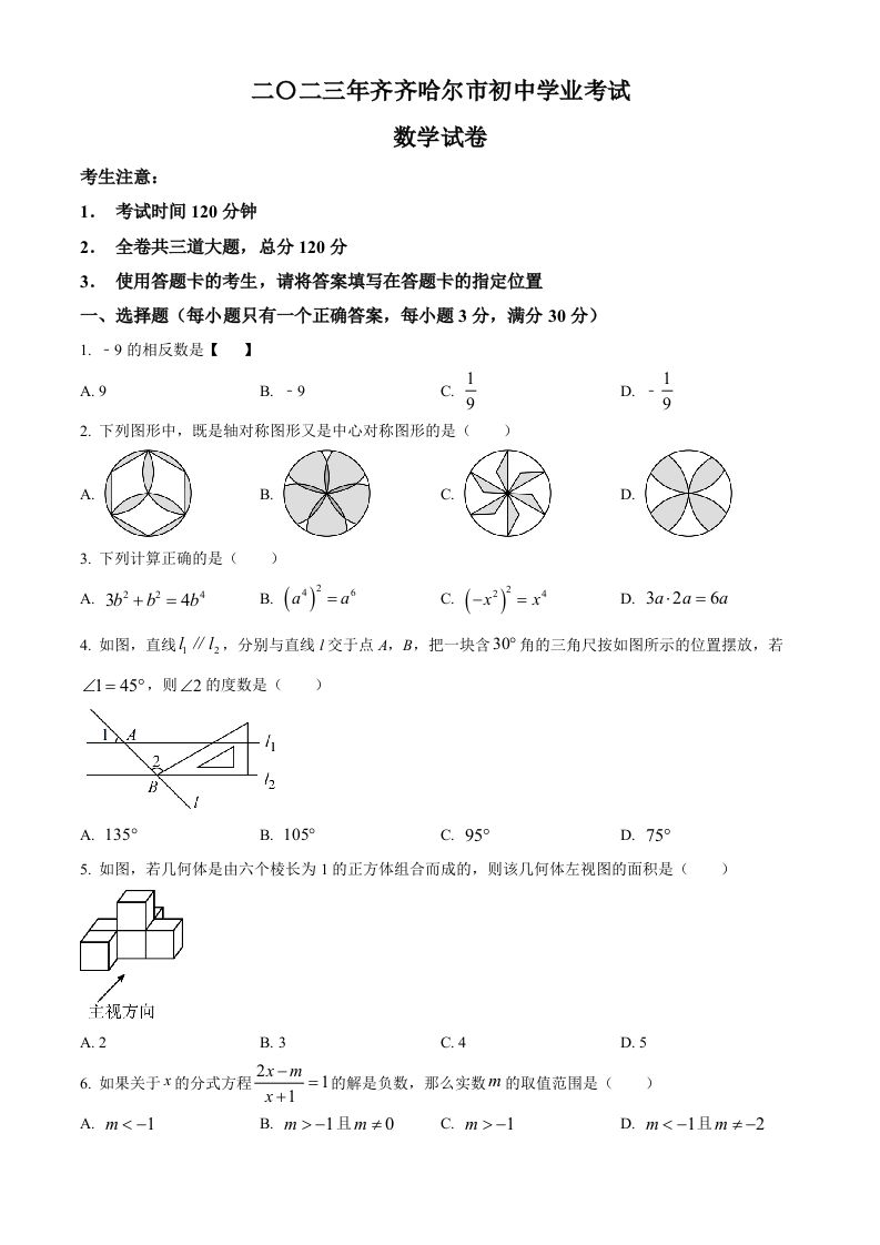 2023年黑龙江省齐齐哈尔市中考数学真题（空白卷）_练习题|试卷|知识点|复习提纲