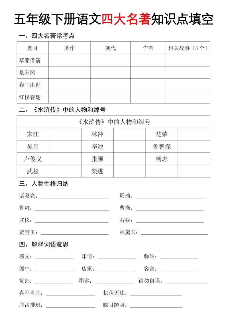 【四大名著知识点填空】五下语文_练习题|试卷|知识点|复习提纲